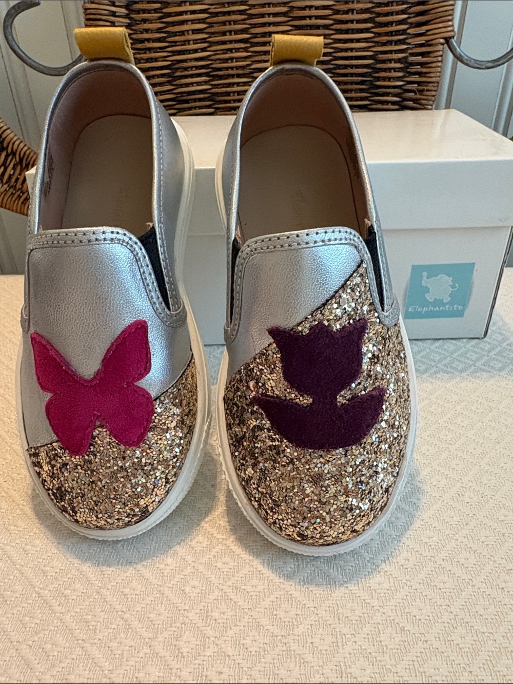 Elephantino Slip-on Silver &Gold glitter sneakers w/ suede (US 7/EU 23) see note